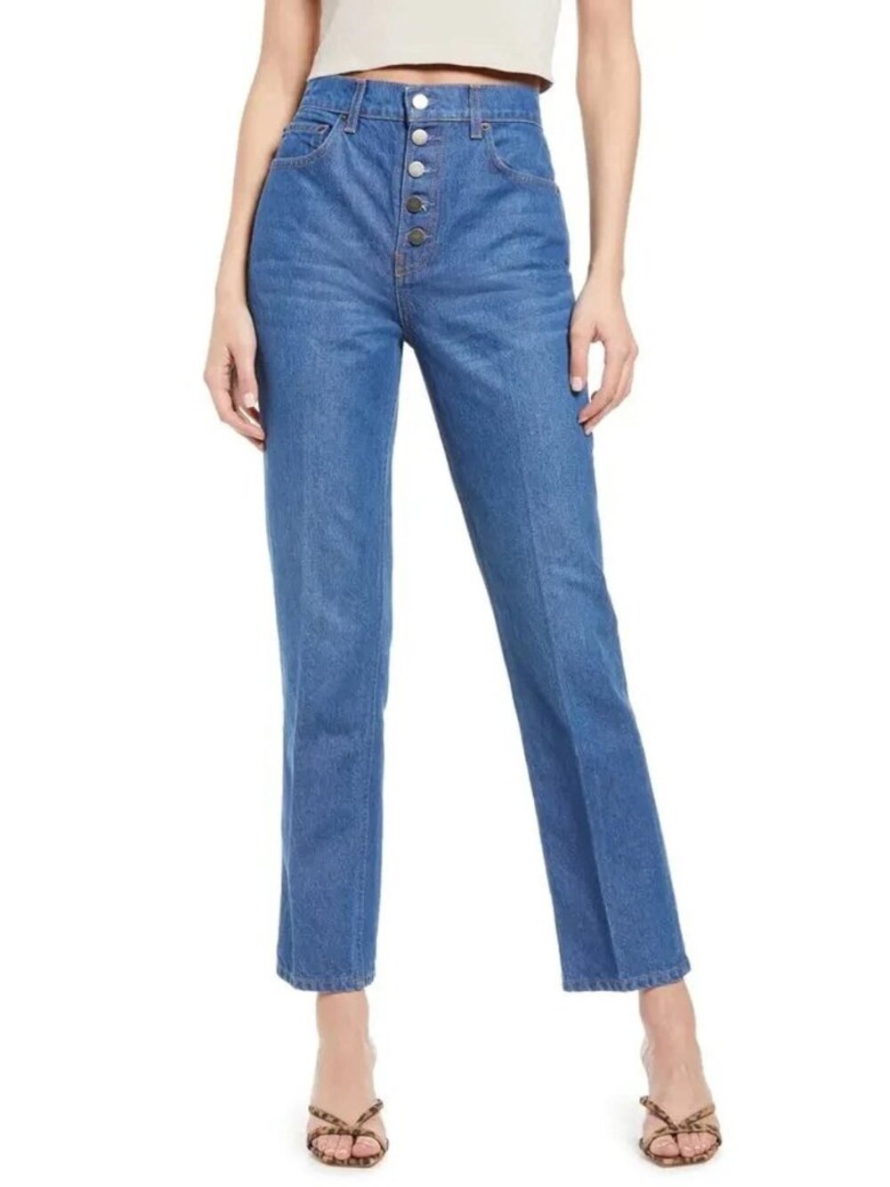 Reformation Cynthia Zenia Blue Button Fly High Rise Straight Jeans 28